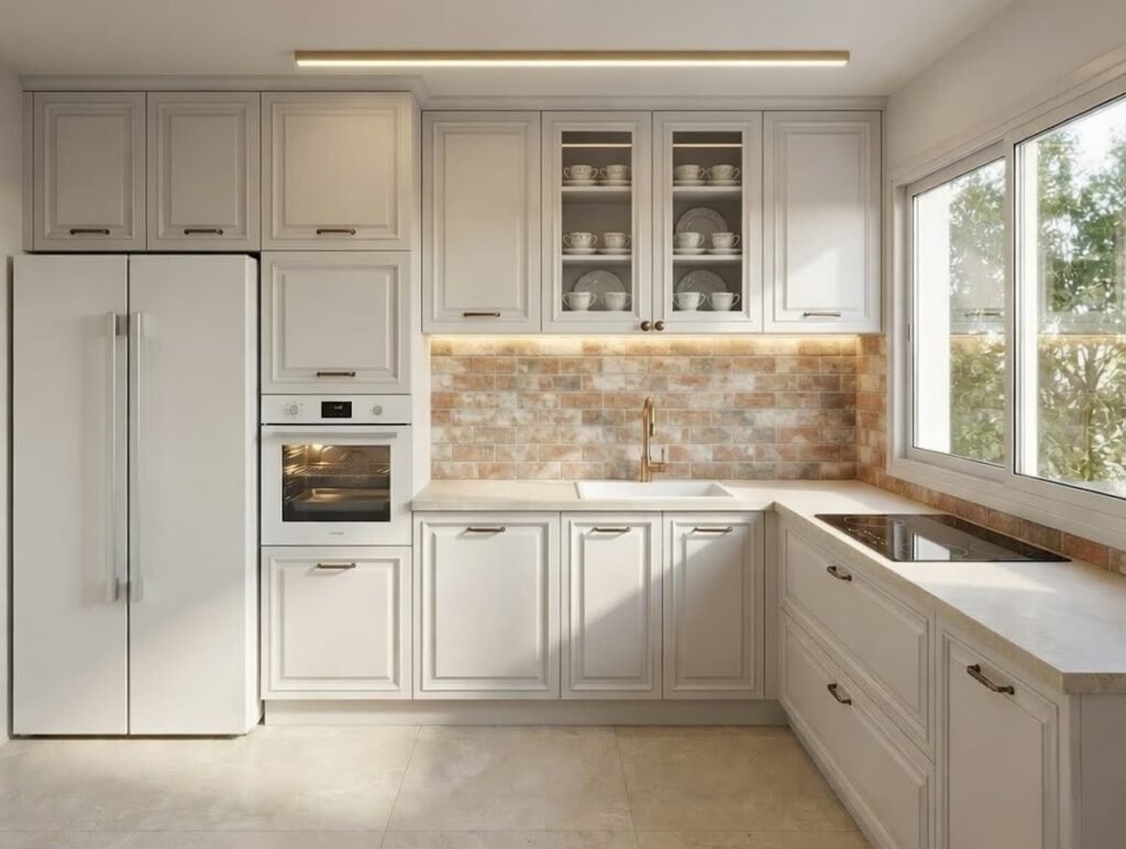 מטבח מואר המציג עיצוב בסגנון כפרי מודרני הכולל חזיתות פולימר בגוון שמנת חיפוי בריקים טבעי ופרזול בגימור פליז - רעות מזור אדריכלות ועיצוב פנים